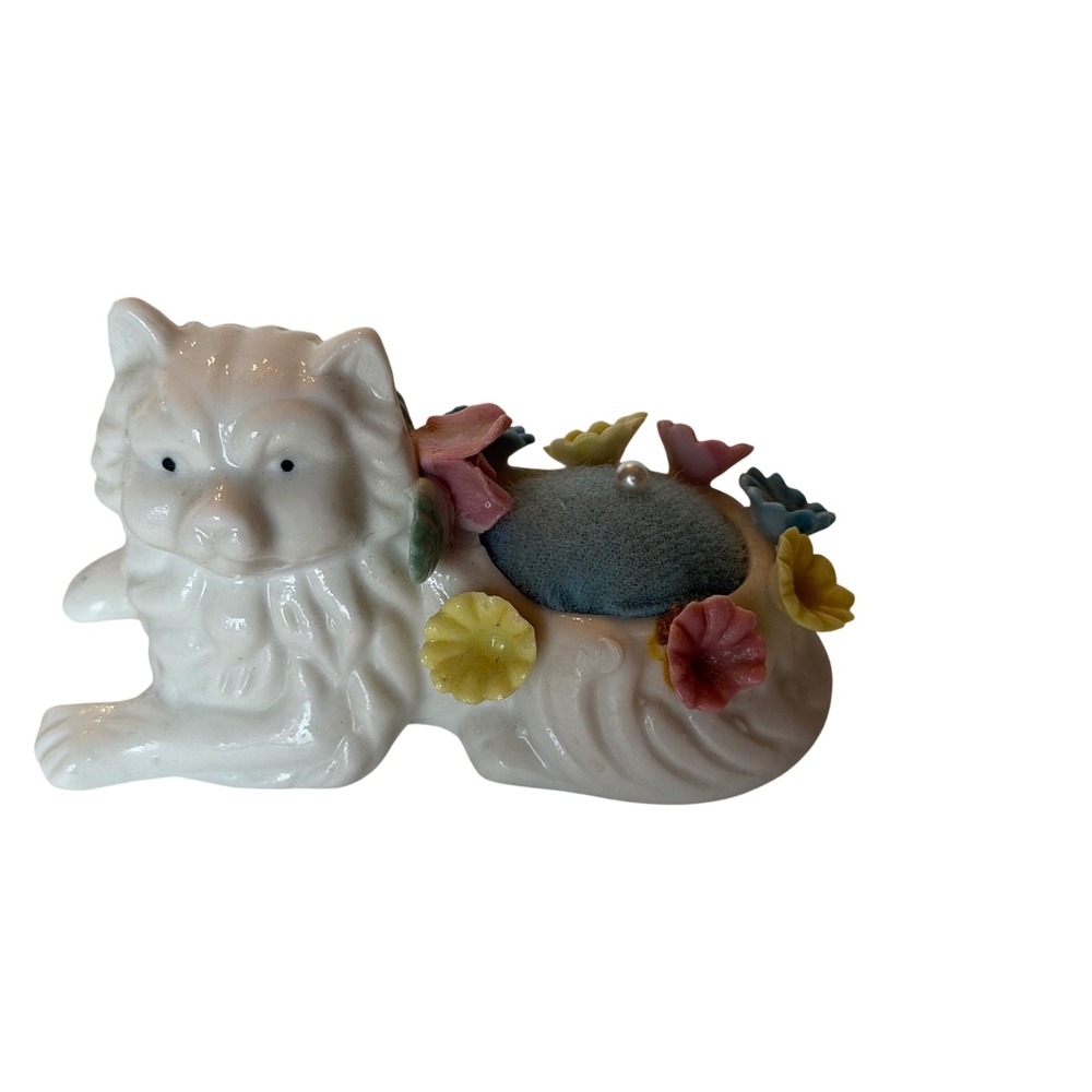 Vintage Ceramic White Cat Pincushion Floral Blue Pillow 1978 Gift Notations